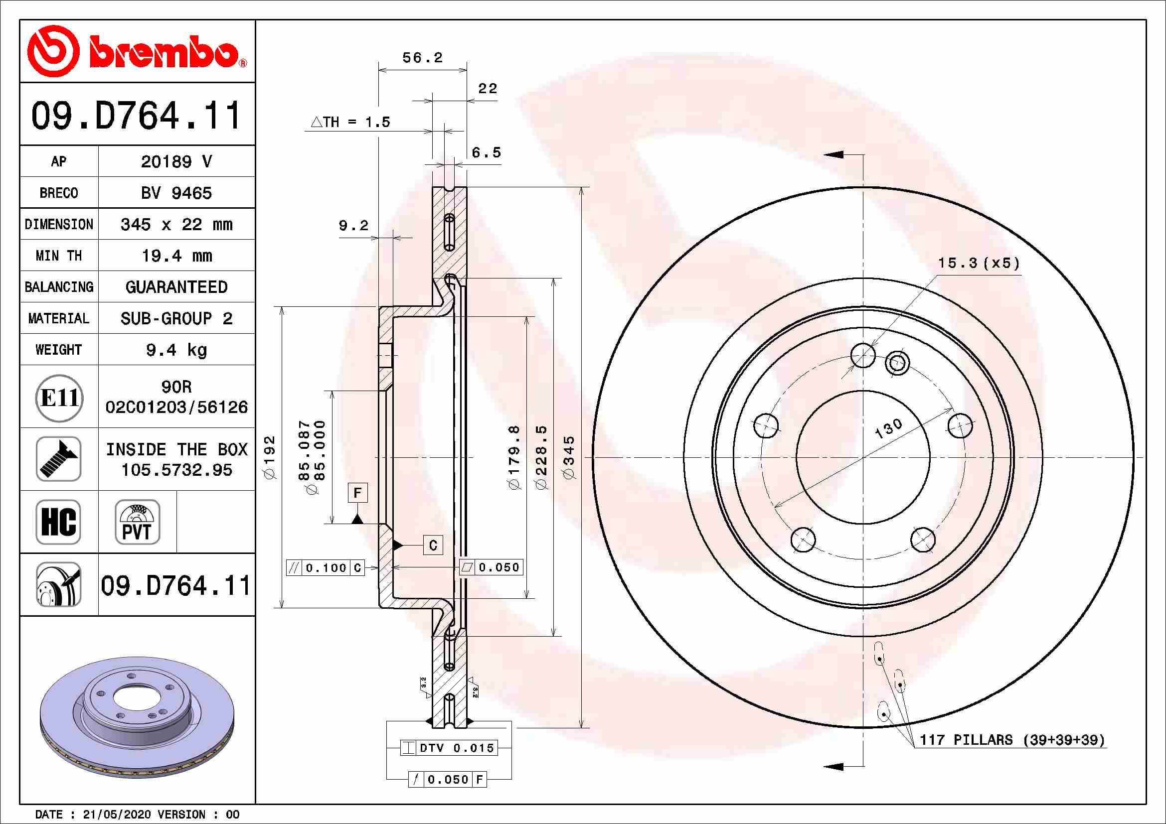 BREMBO brzdový kotúč 09.D764.11, súprava 2 ks