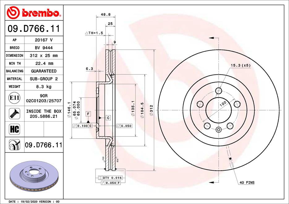 BREMBO brzdový kotúč 09.D766.11, súprava 2 ks