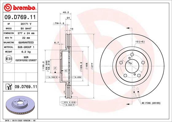 BREMBO brzdový kotúč 09.D769.11, sada 2 ks
