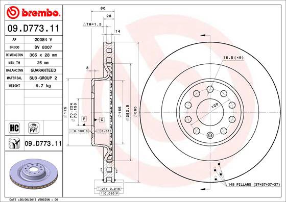 BREMBO brzdový kotúč 09.D773.11, súprava 2 ks