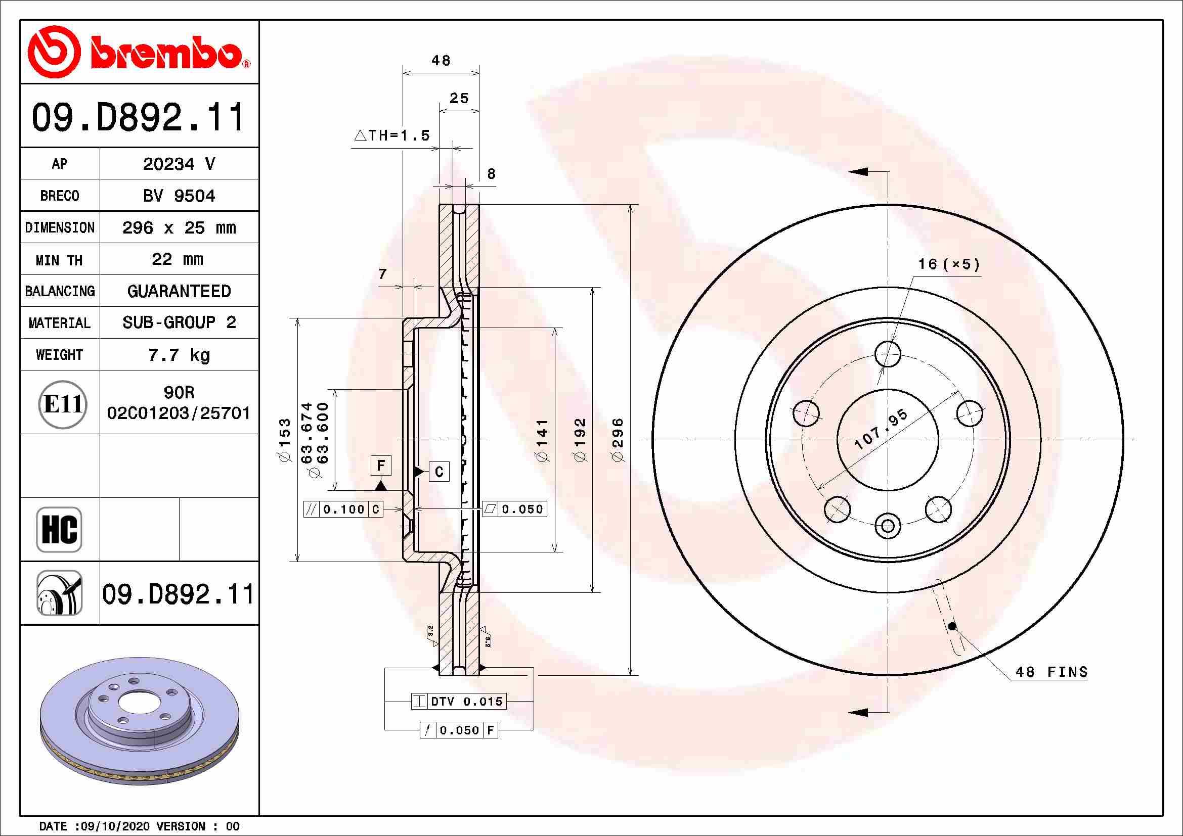 BREMBO brzdový kotúč 09.D892.11, súprava 2 ks