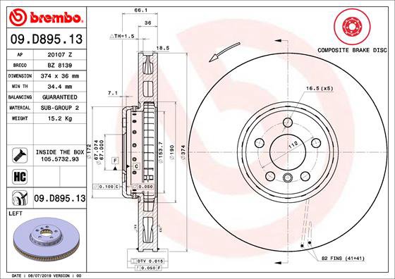 BREMBO brzdový kotúč 09.D895.13, súprava 2 ks