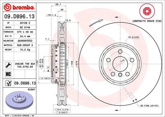 BREMBO brzdový kotúč 09.D896.13, súprava 2 ks