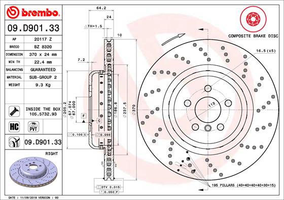 BREMBO brzdový kotúč 09.D901.33, sada 2 ks