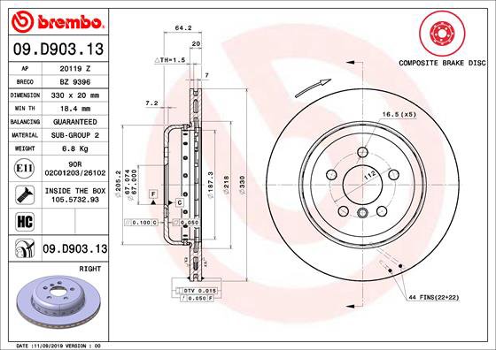 BREMBO brzdový kotúč 09.D903.13, súprava 2 ks