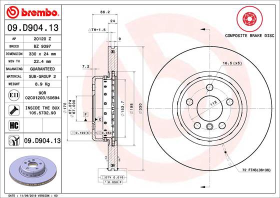 BREMBO brzdový kotúč 09.D904.13, súprava 2 ks