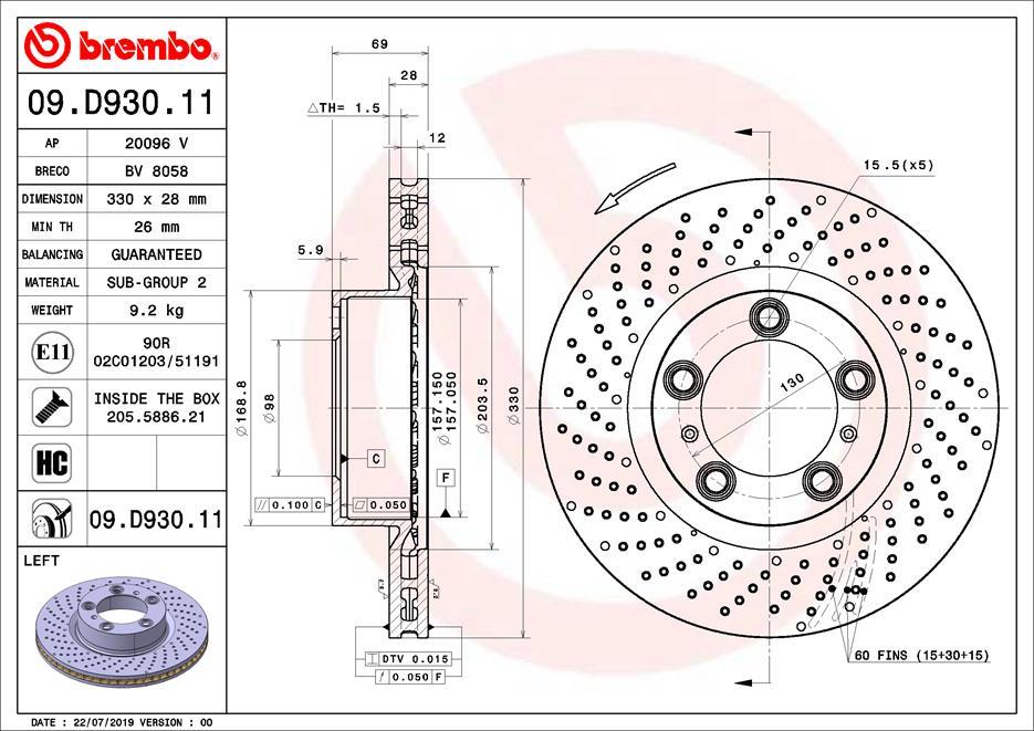 BREMBO brzdový kotúč 09.D930.11, súprava 2 ks
