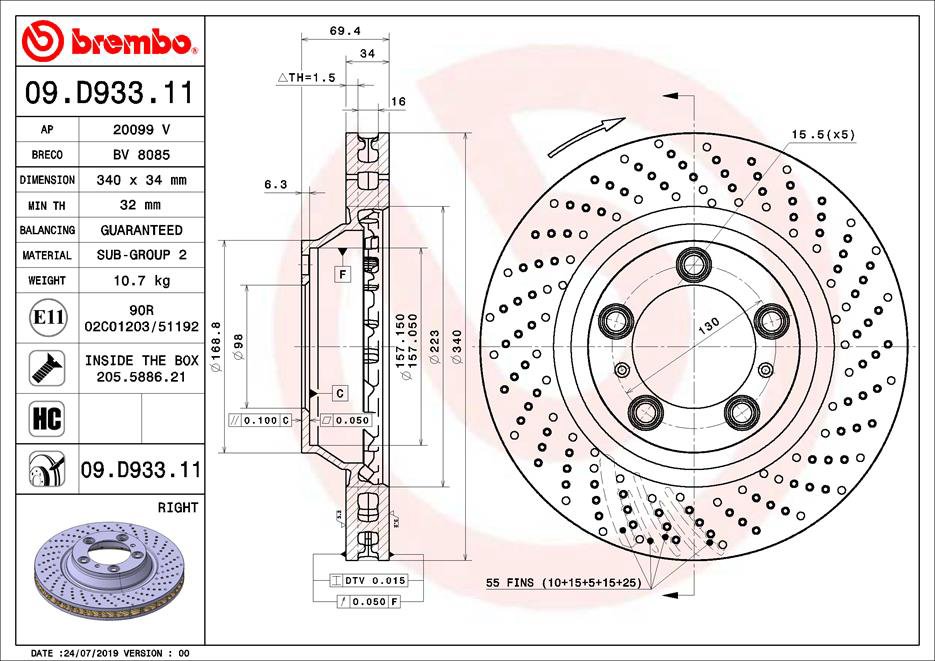 BREMBO brzdový kotúč 09.D933.11, súprava 2 ks