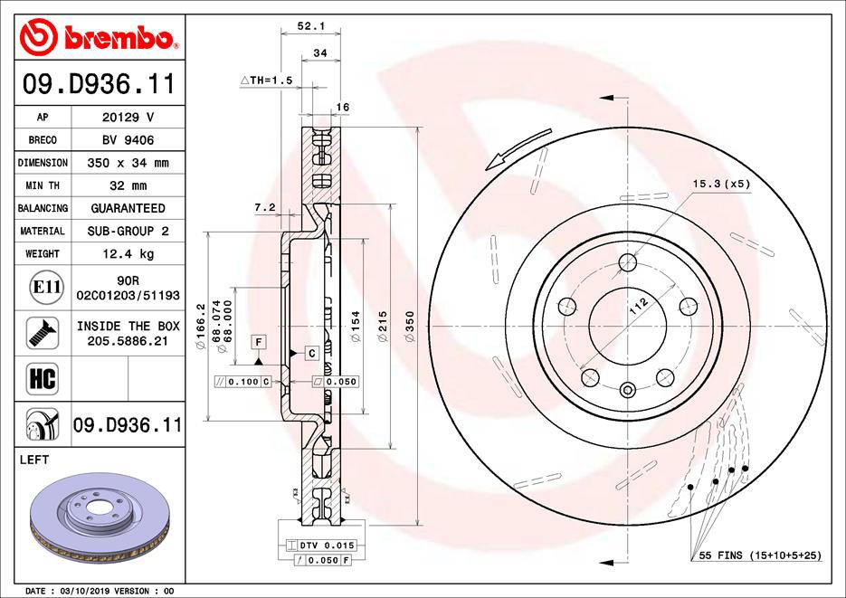 BREMBO brzdový kotúč 09.D936.11, súprava 2 ks