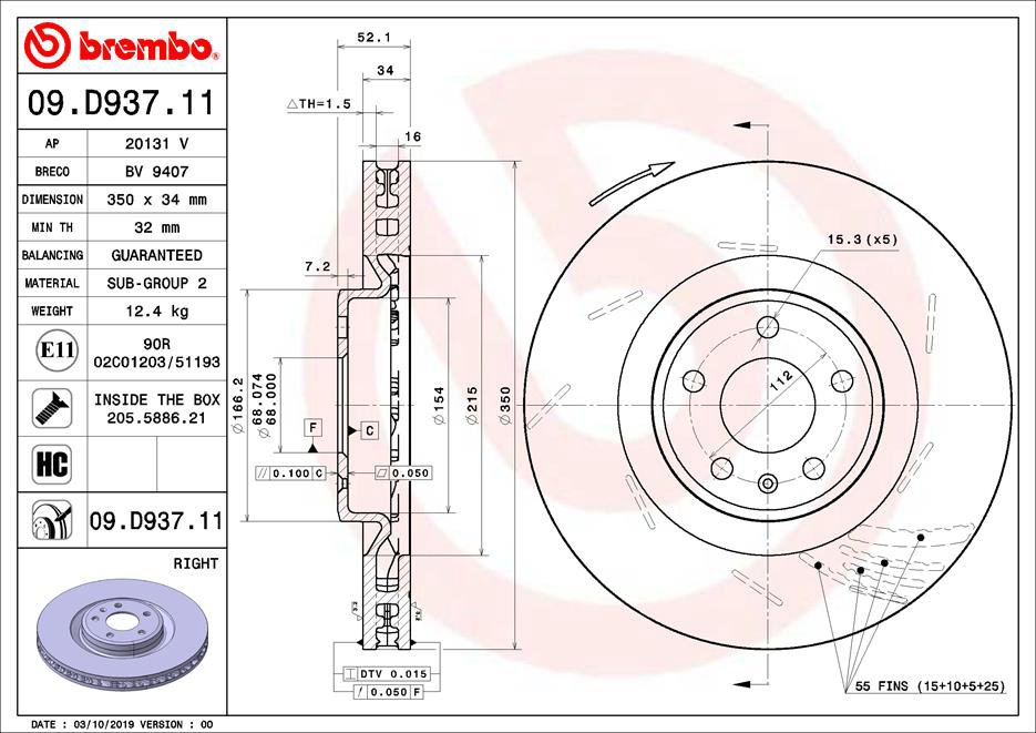 BREMBO brzdový kotúč 09.D937.11, súprava 2 ks