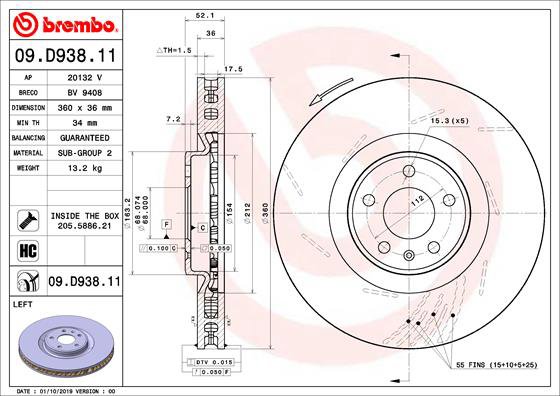 BREMBO brzdový kotúč 09.D938.11, súprava 2 ks