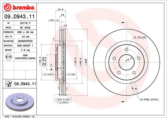 BREMBO brzdový kotúč 09.D943.11, sada 2 ks