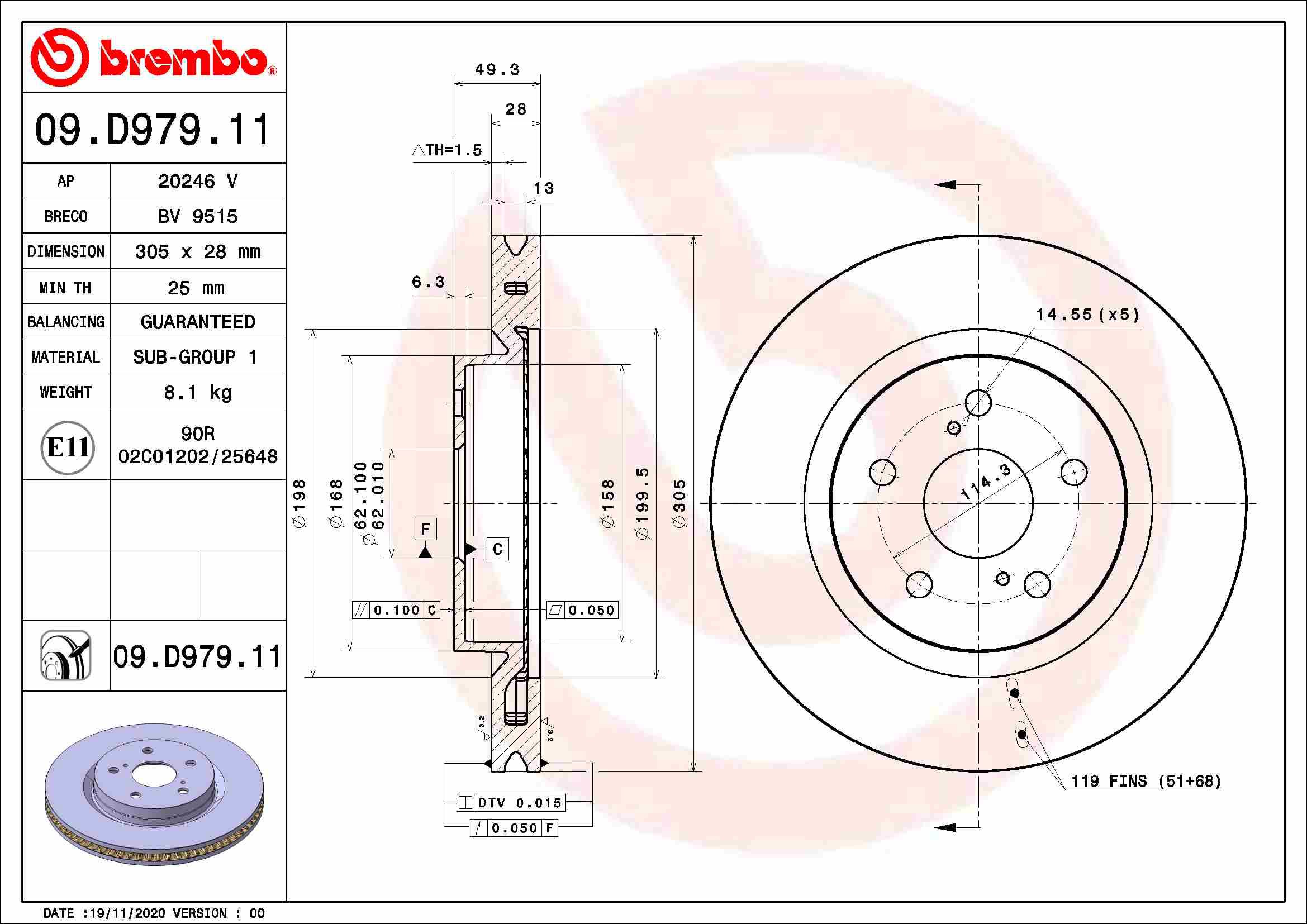 BREMBO brzdový kotúč 09.D979.11, súprava 2 ks