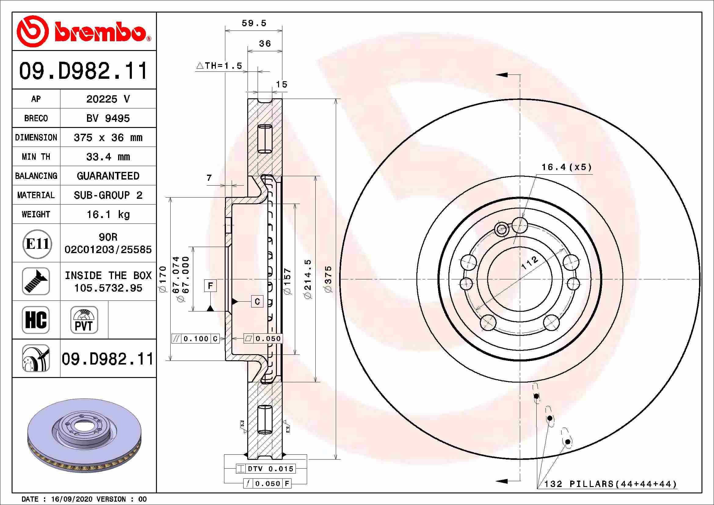 BREMBO brzdový kotúč 09.D982.11, súprava 2 ks