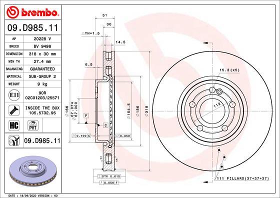 BREMBO brzdový kotúč 09.D985.11, súprava 2 ks