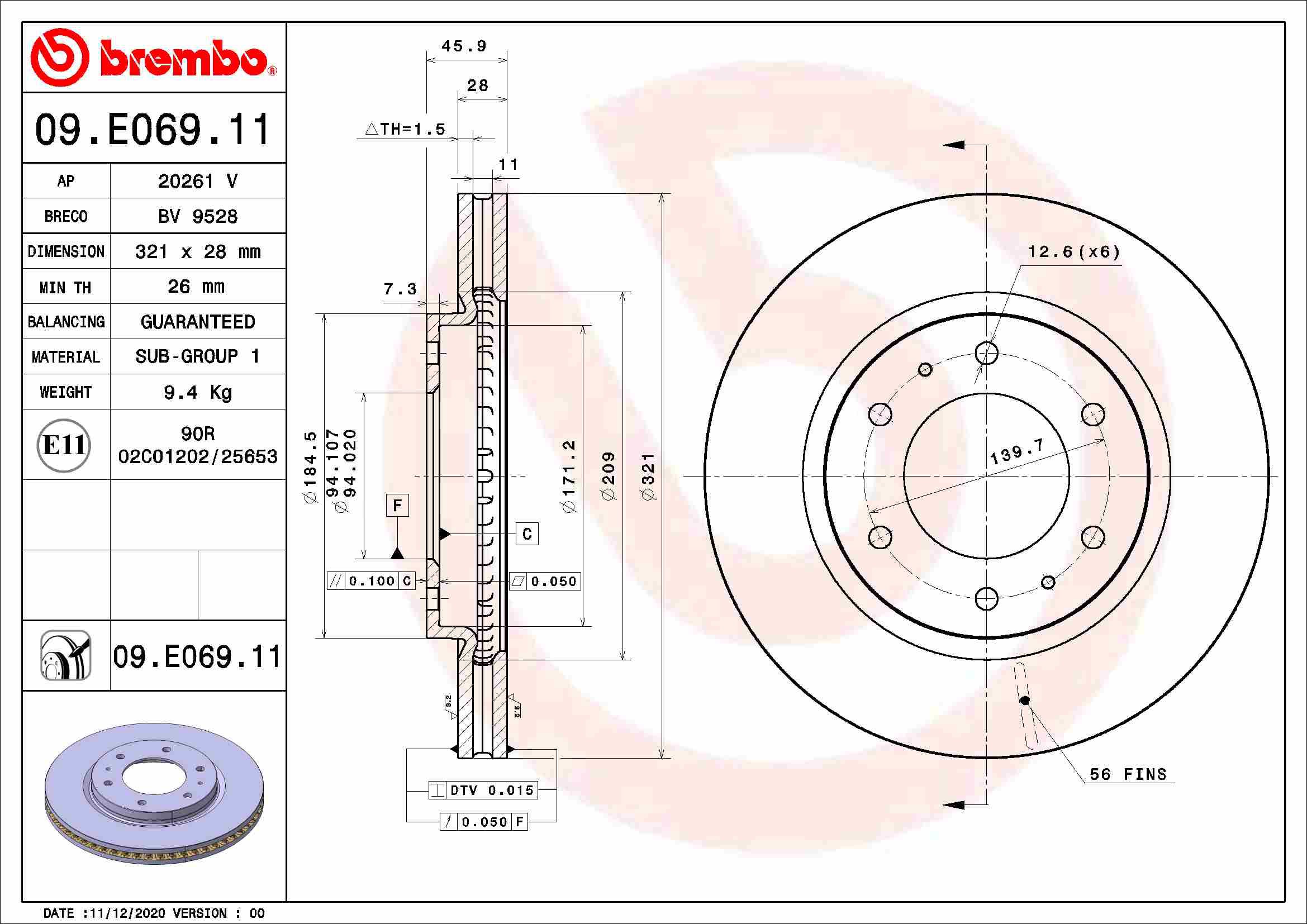 BREMBO brzdový kotúč 09.E069.11, sada 2 ks