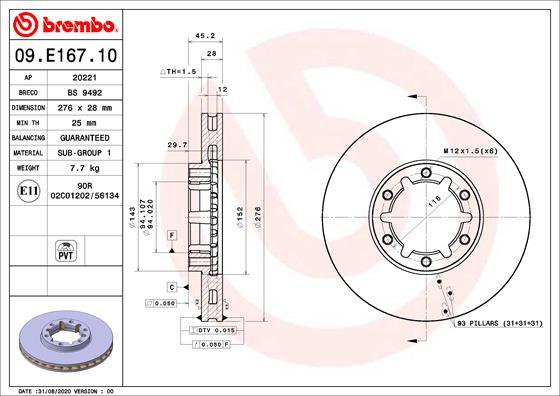 BREMBO brzdový kotúč 09.E167.10, sada 2 ks