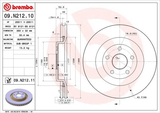 BREMBO brzdový kotúč 09.N212.11, súprava 2 ks