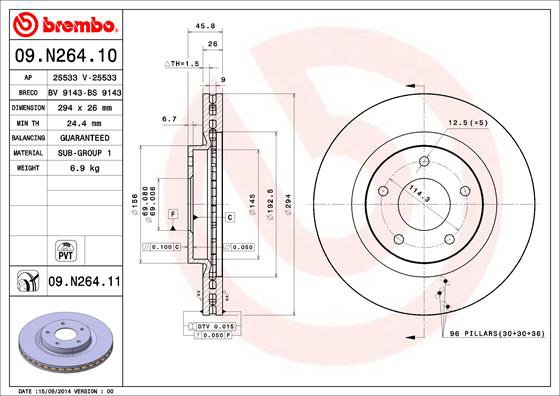 BREMBO brzdový kotúč 09.N264.11, súprava 2 ks