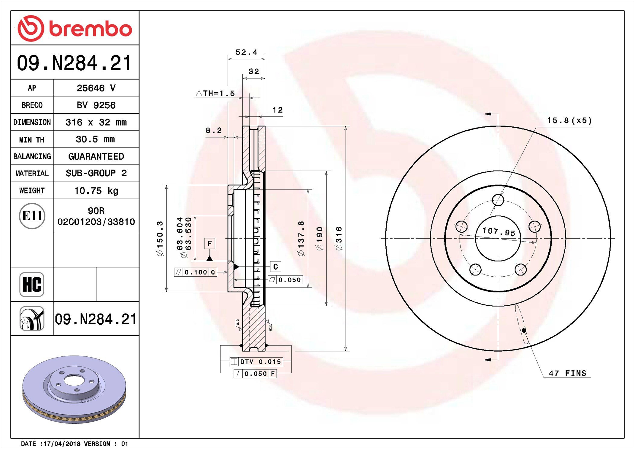 BREMBO brzdový kotúč 09.N284.21, súprava 2 ks