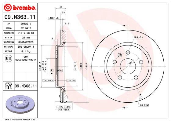 BREMBO brzdový kotúč 09.N363.11, súprava 2 ks