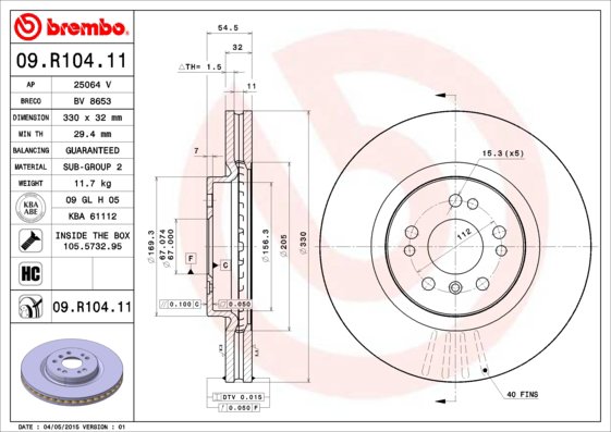 BREMBO brzdový kotúč 09.R104.11, súprava 2 ks