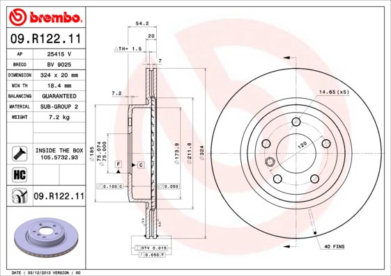 BREMBO brzdový kotúč 09.R122.11, súprava 2 ks