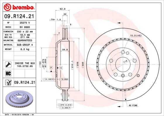 BREMBO brzdový kotúč 09.R124.21, súprava 2 ks
