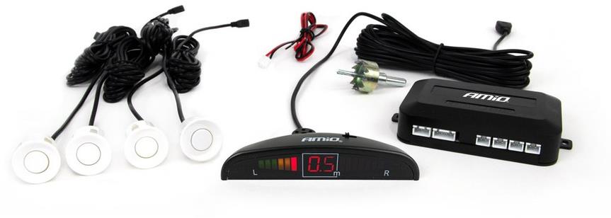 AMIO parkovací asistent zadný – zvuková signalizácia + LED displej, 4× senzor (biely)