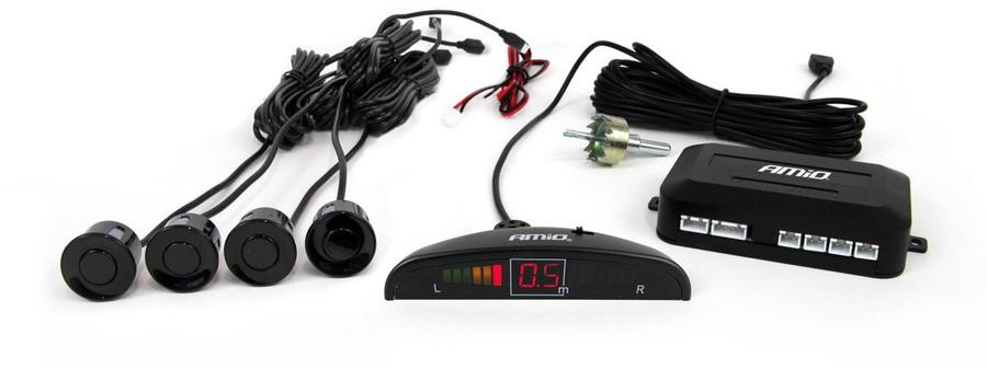 AMIO parkovací asistent zadný – zvuková signalizácia + LED displej, 4× senzor (čierny)