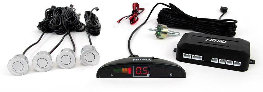 AMIO parkovací asistent zadný – zvuková signalizácia + LED displej, 4× senzor (strieborný)