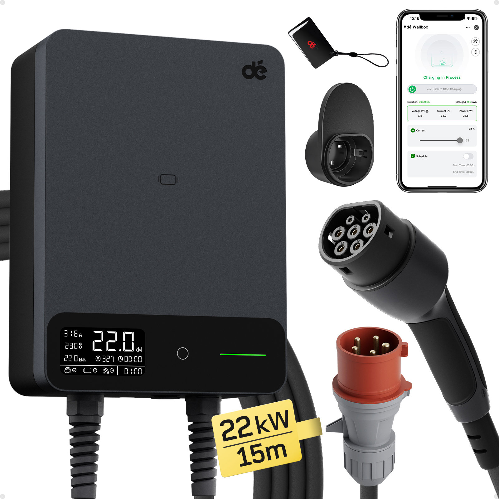 dé Wallbox s 15 m kabelem, 22 kW, verze s aplikací