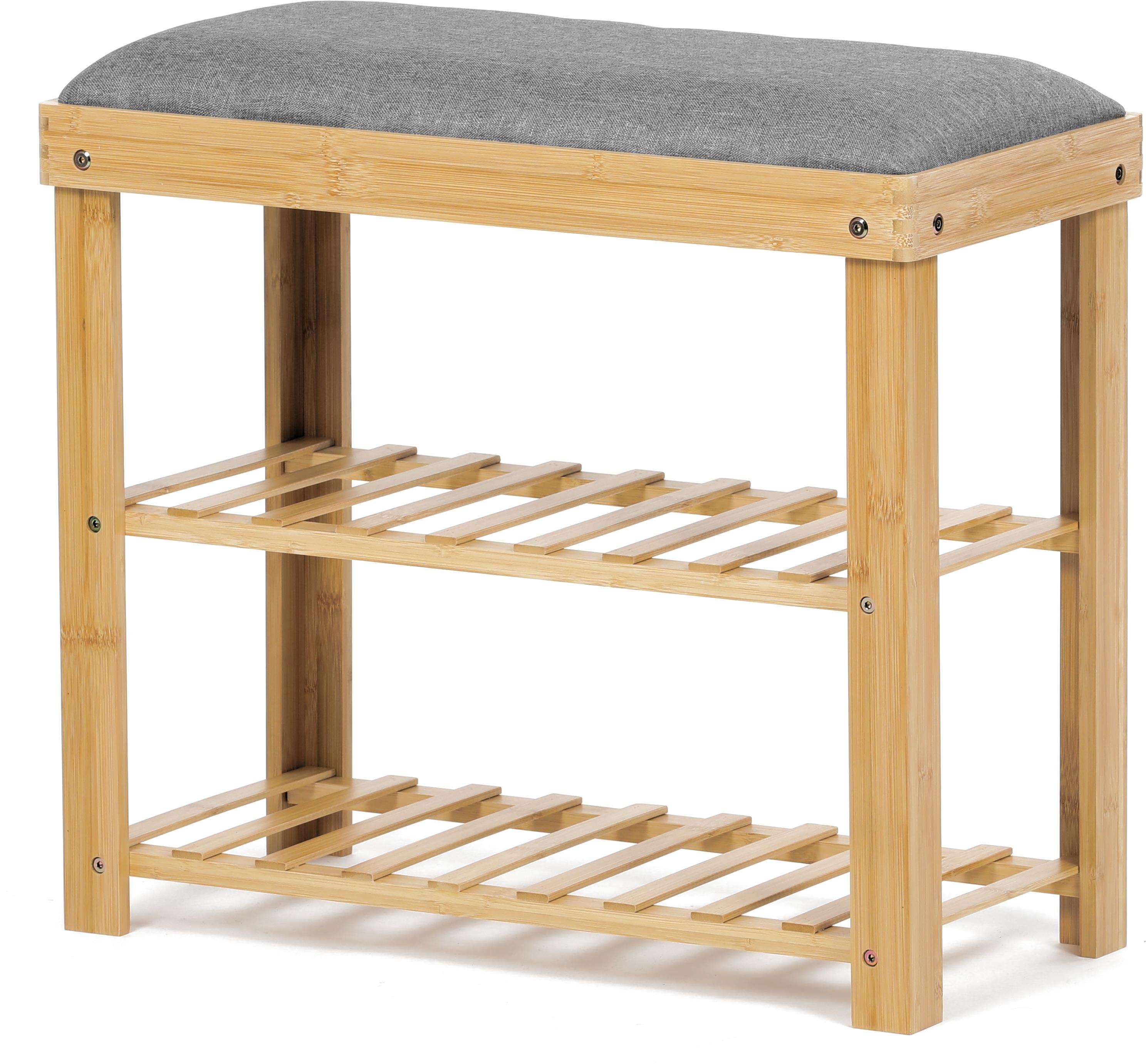 Botník/taburetka, 2 police, masív bambus, prírodný odtieň, sivá látka