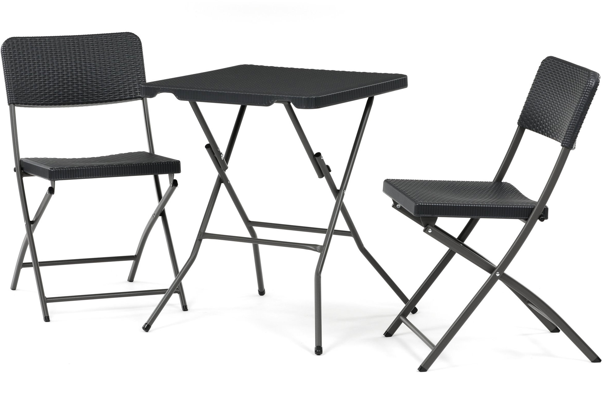 Záhradný set 1 + 2, stôl 60 × 60 cm, sivý plast, imitácia ratanu, sivé kovové nohy