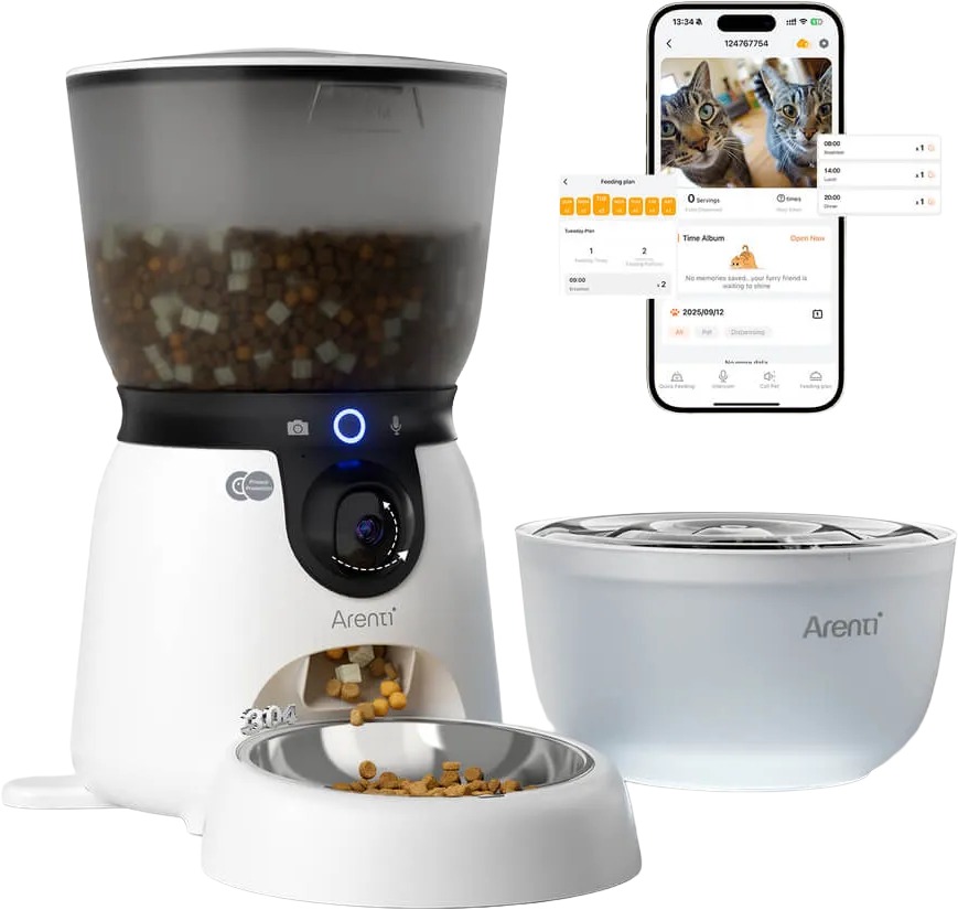 Arenti Smart Pet Feeder Kit s 3MP/2K WiFi Camera + Matching Pet Water Fountain