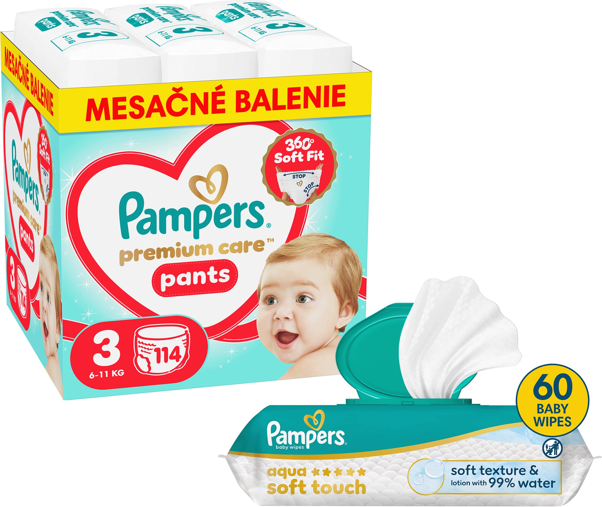 PAMPERS Premium Care Pants vel. 3 (114 ks) + PAMPERS Aqua Soft Touch 60 ks