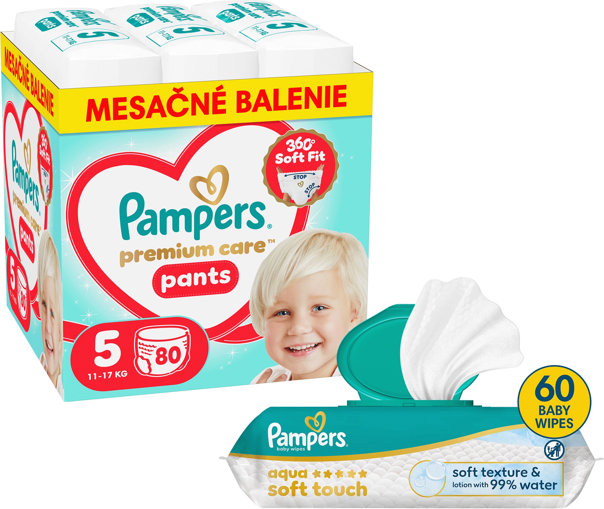 PAMPERS Premium Care Pants vel. 5 (80 ks) + PAMPERS Aqua Soft Touch 60 ks