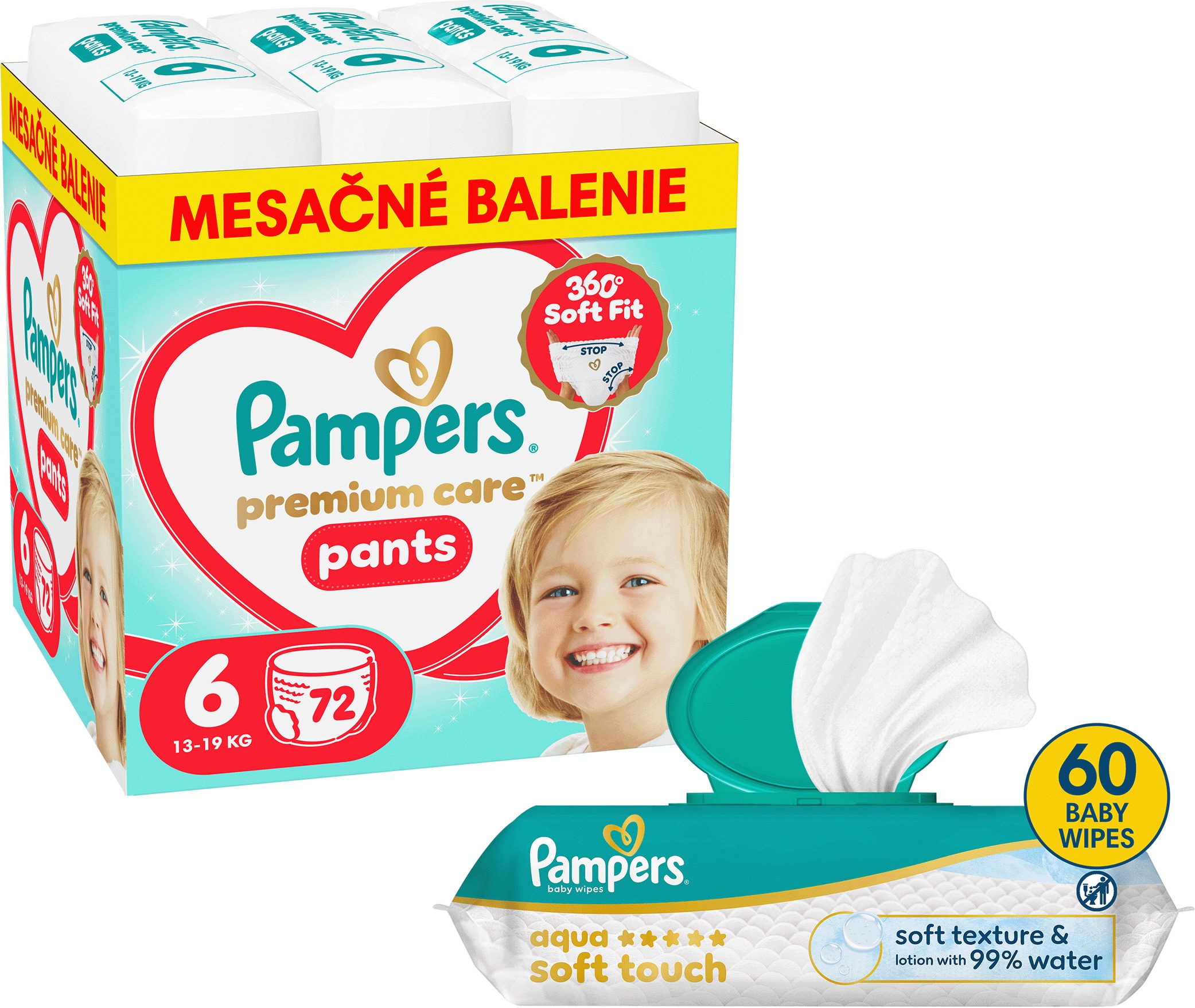 PAMPERS Premium Care Pants vel. 6 (72 ks) + PAMPERS Aqua Soft Touch 60 ks