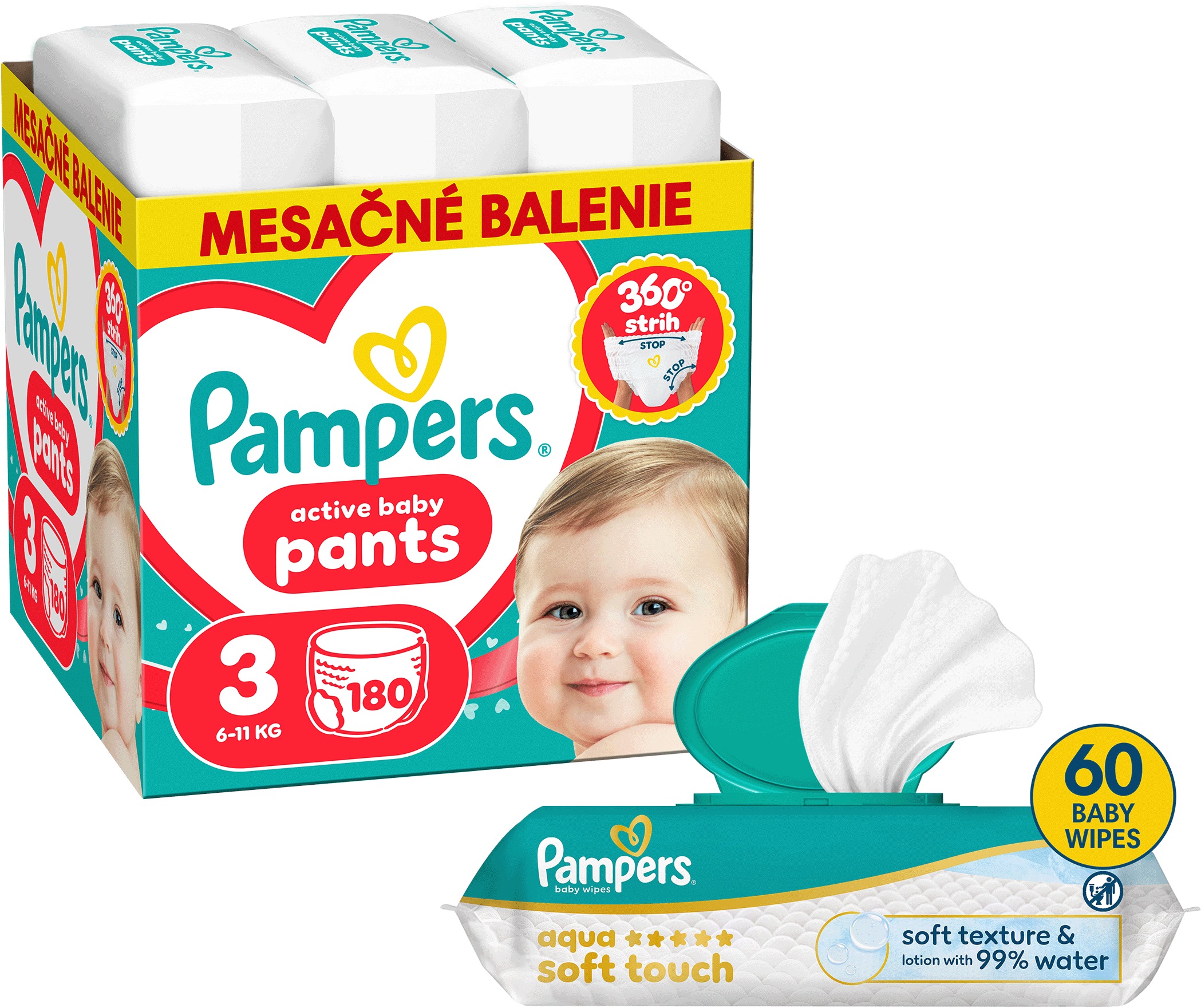 PAMPERS Pants vel. 3 (180 ks) + PAMPERS Aqua Soft Touch 60 ks
