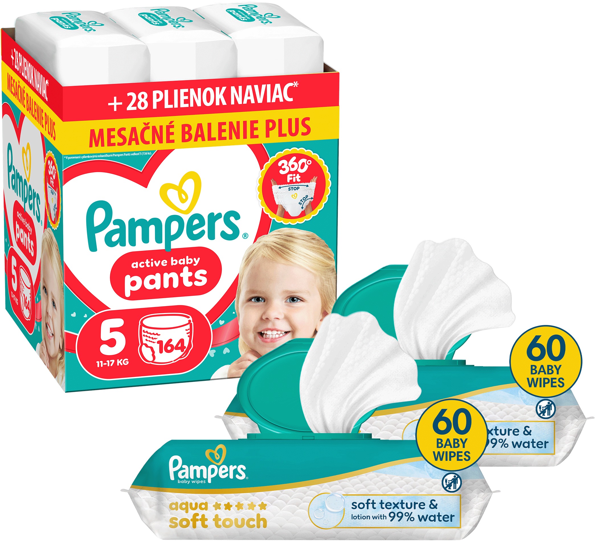 PAMPERS Pants vel. 5 (164 ks) + PAMPERS Aqua Soft Touch 120 ks (2× 60 ks)
