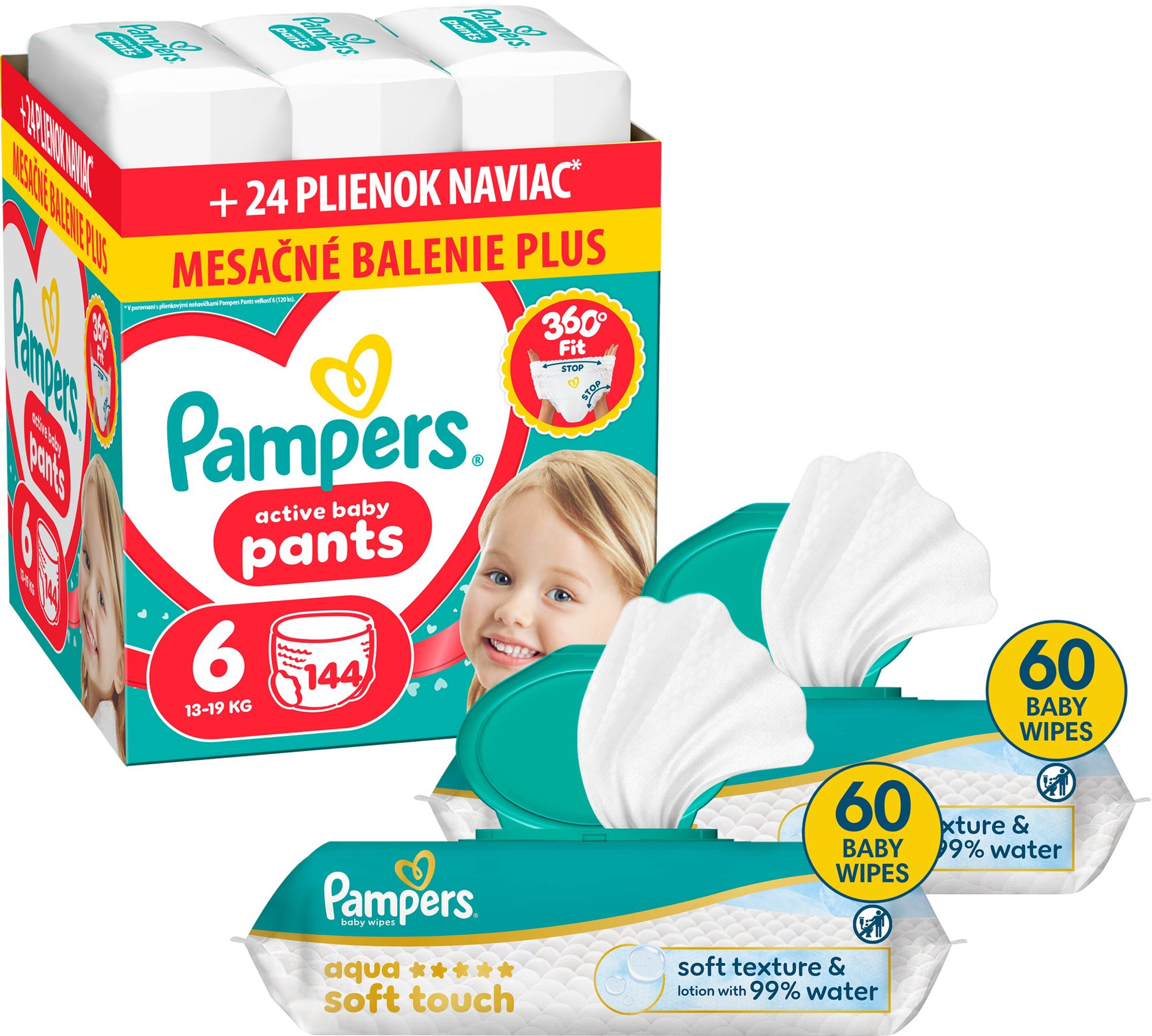 PAMPERS Pants veľ. 6 (144 ks) + PAMPERS Aqua Soft Touch 120 ks (2× 60 ks)