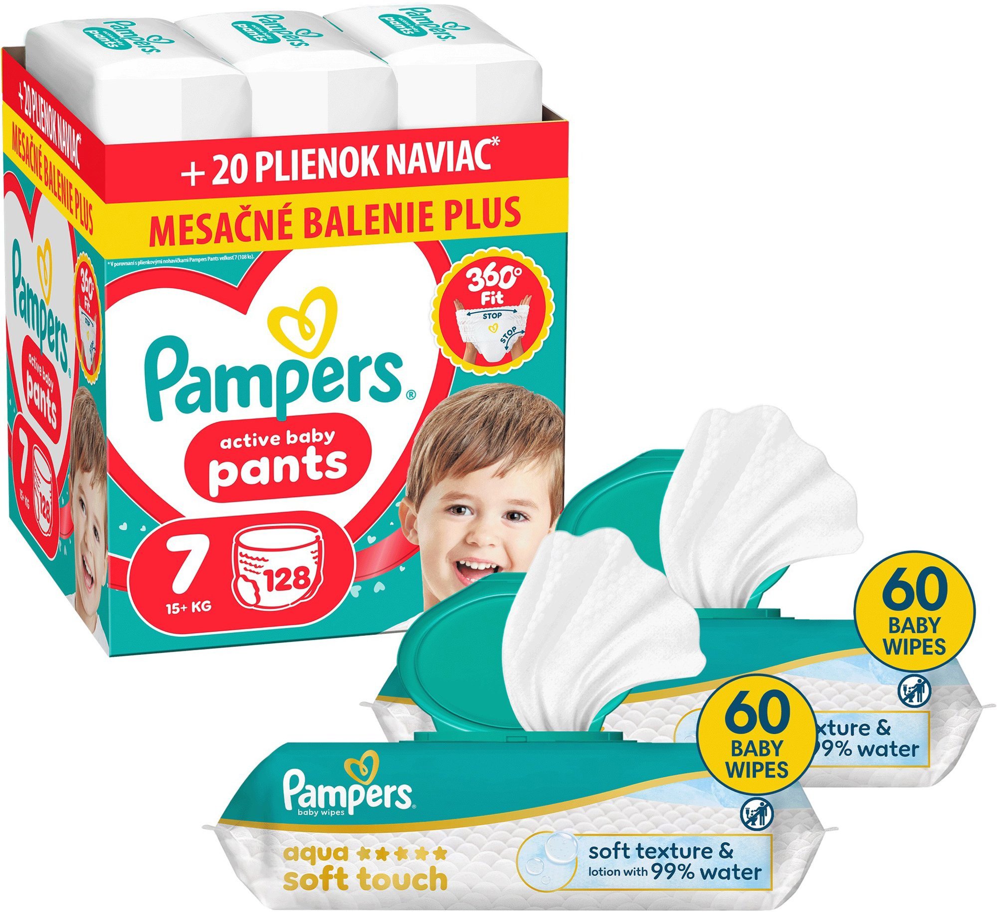 PAMPERS Pants veľ. 7 (128 ks) + PAMPERS Aqua Soft Touch 120 ks (2× 60 ks)