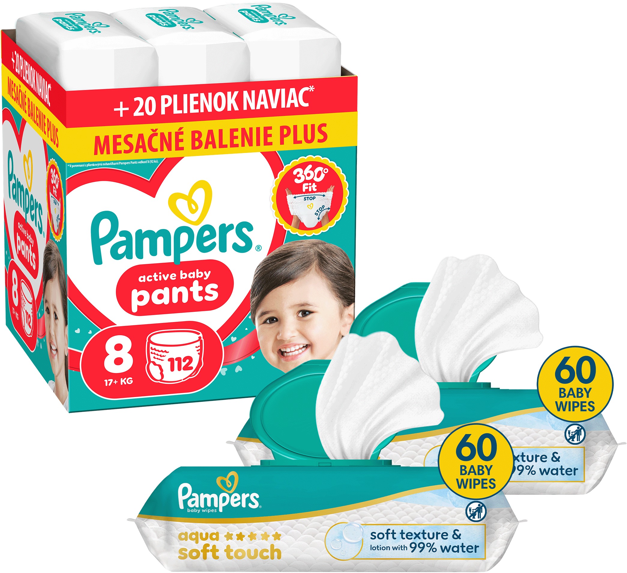 PAMPERS Pants vel. 8 (112 ks) + PAMPERS Aqua Soft Touch 120 ks (2× 60 ks)