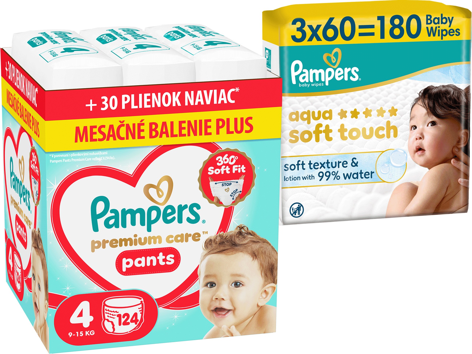 PAMPERS Premium Care Pants veľ. 4 (124 ks) + PAMPERS Aqua Soft Touch 180 ks (3 × 60 ks)
