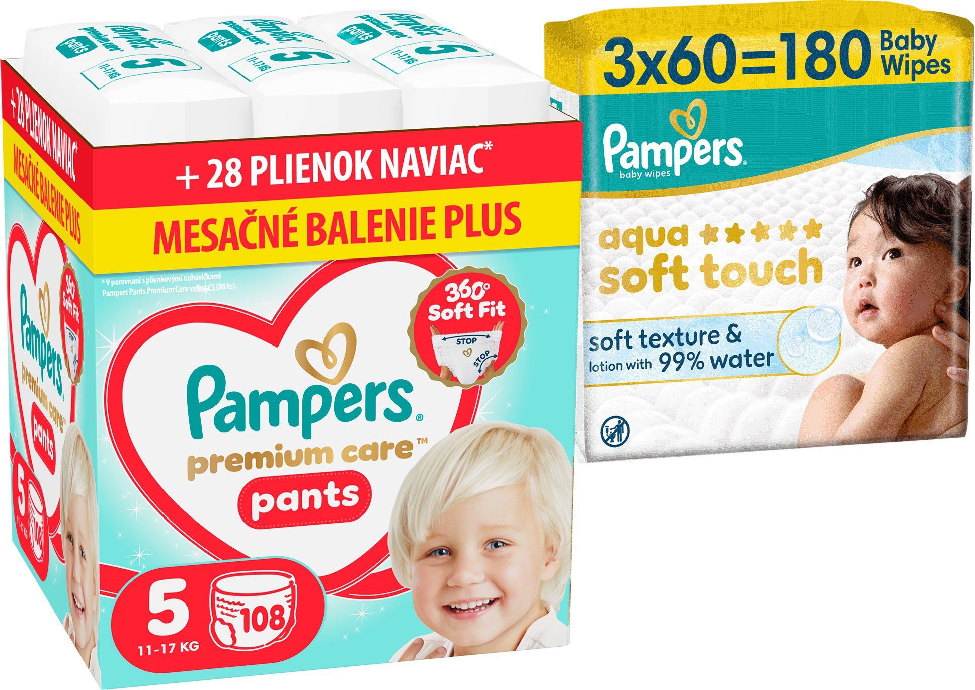 PAMPERS Premium Care Pants veľ. 5 (108 ks) + PAMPERS Aqua Soft Touch 180 ks (3× 60 ks)