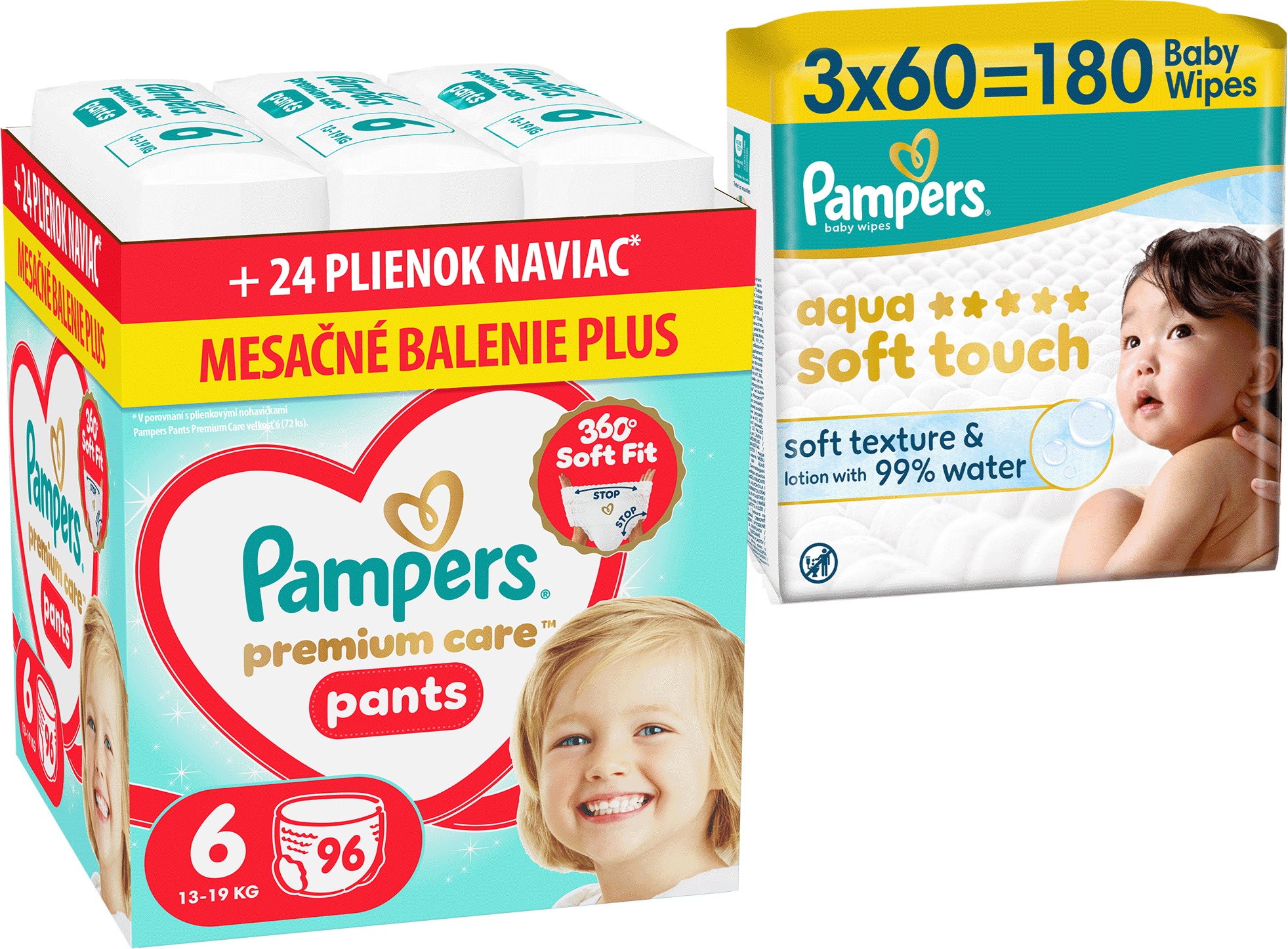 PAMPERS Premium Care Pants vel. 6 (96 ks) + PAMPERS Aqua Soft Touch 180 ks (3× 60 ks)