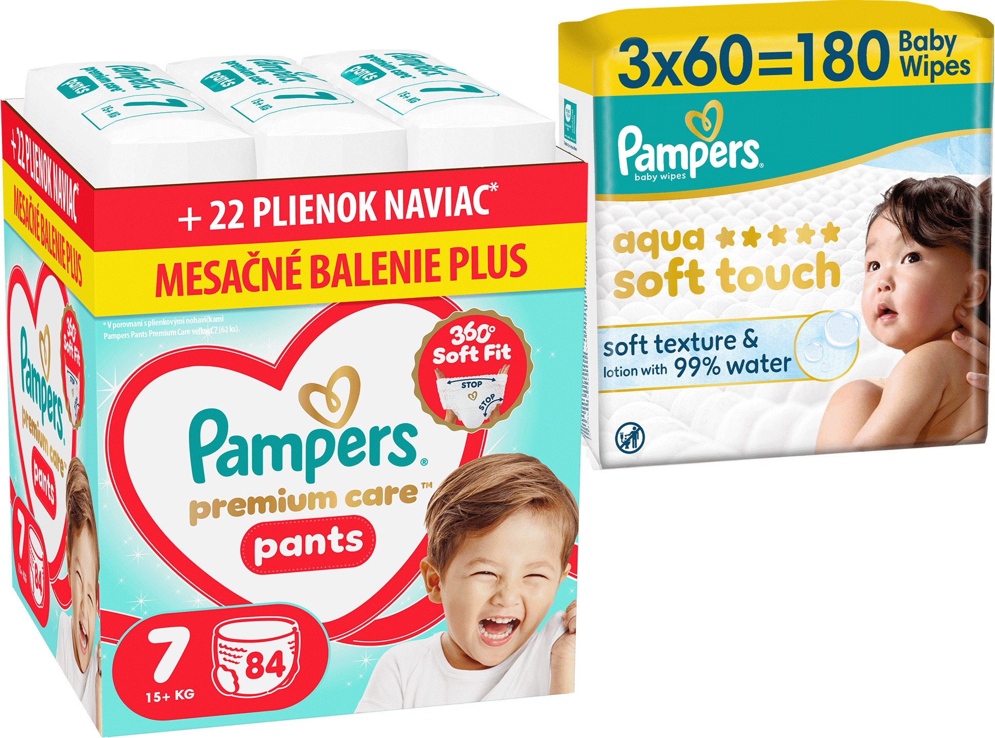 PAMPERS Premium Care Pants vel. 7 (84 ks) + PAMPERS Aqua Soft Touch 180 ks (3× 60 ks)