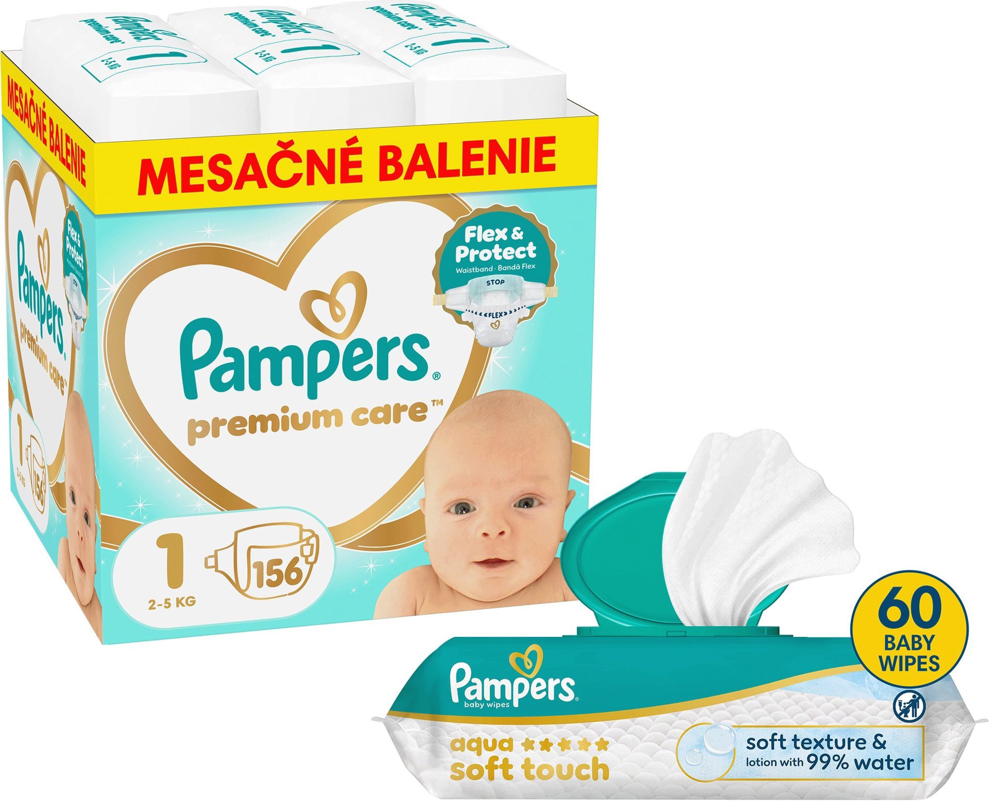 PAMPERS Premium Care veľ. 1 (156 ks) + PAMPERS Aqua Soft Touch 60 ks
