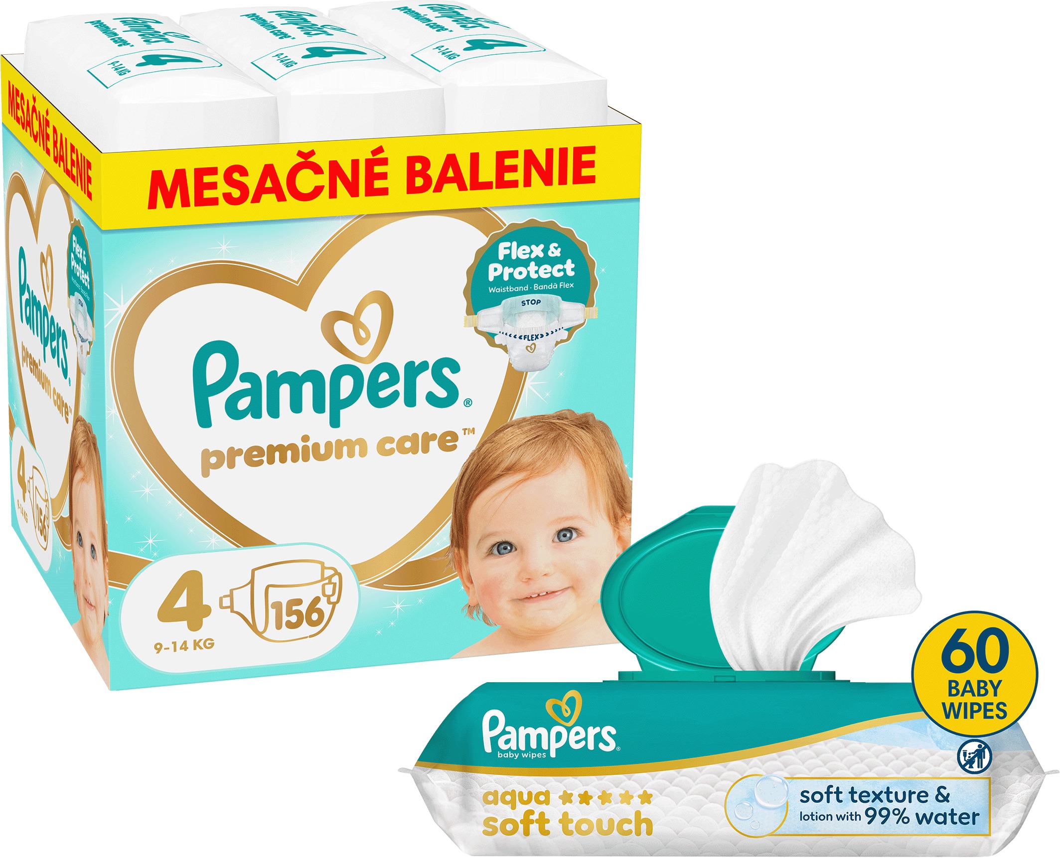 PAMPERS Premium Care vel. 4 (156 ks) + PAMPERS Aqua Soft Touch 60 ks