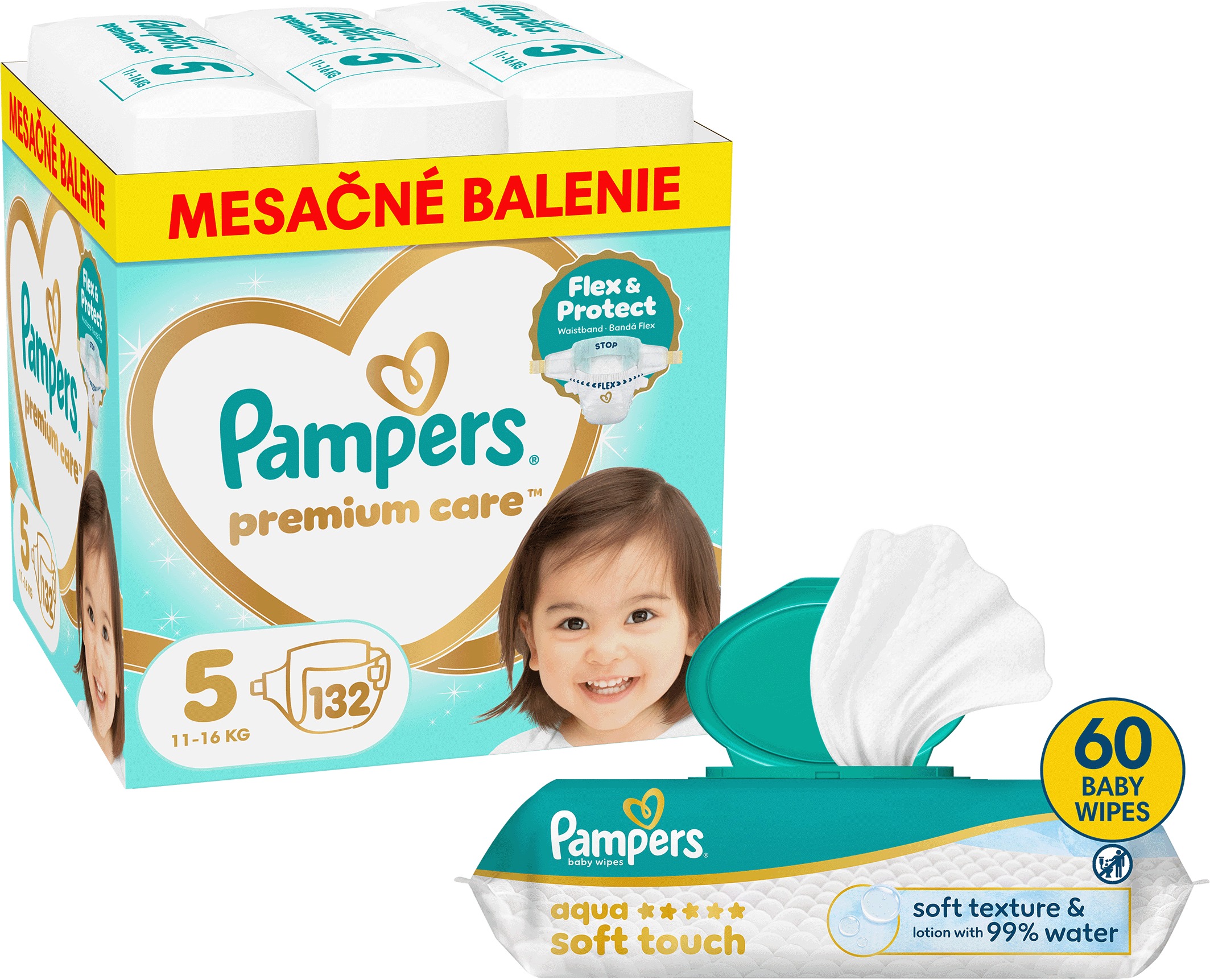 PAMPERS Premium Care vel. 5 (132 ks) + PAMPERS Aqua Soft Touch 60 ks